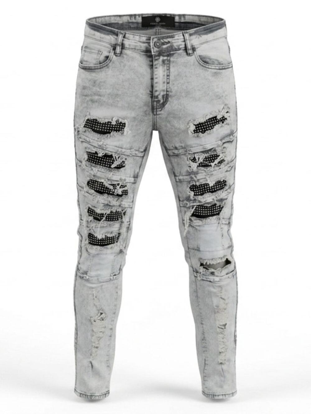 Focus Gray Acid Wash Distressed Rhinestone Skinny Jeans Men Size 32